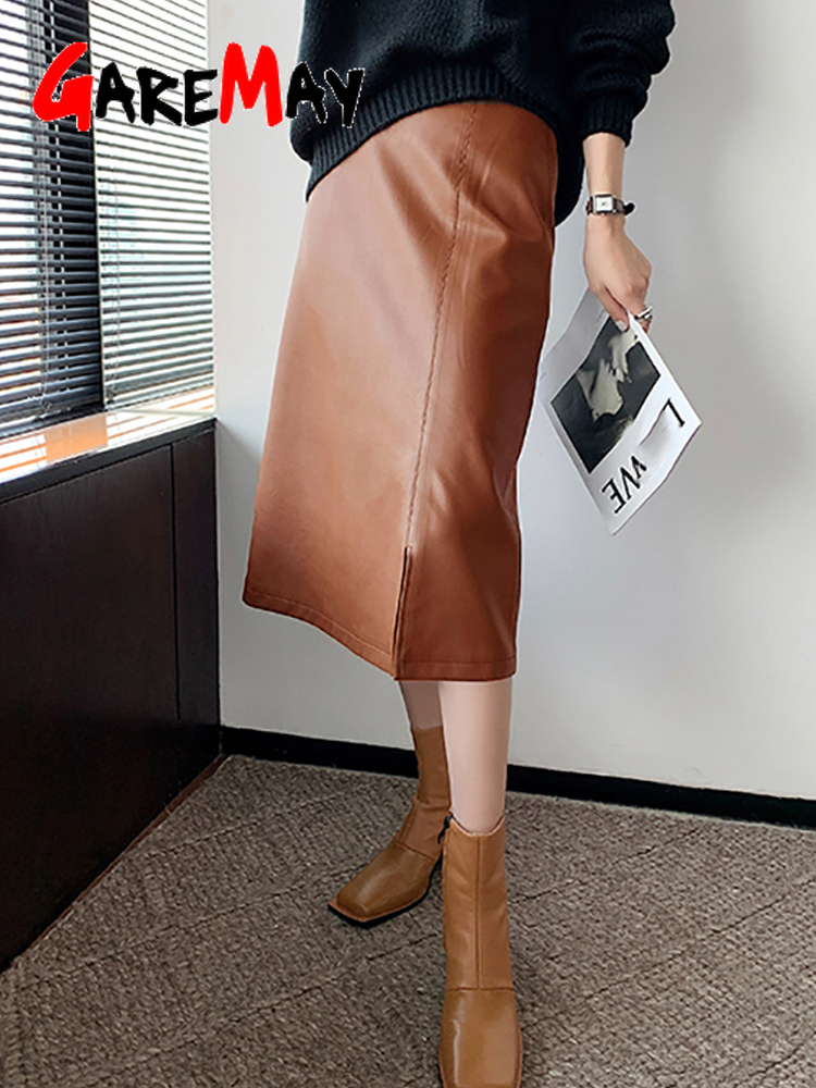 Autumn Winter Women's Leather Skirt with Side Slit A-line Vintage Long Midi High Waist Pu Faux Pencil 220322