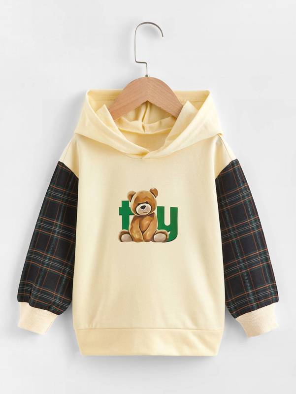 Toddler Boys 2pcs Bear And Plaid Print Drop Shoulder Hoodie SHE