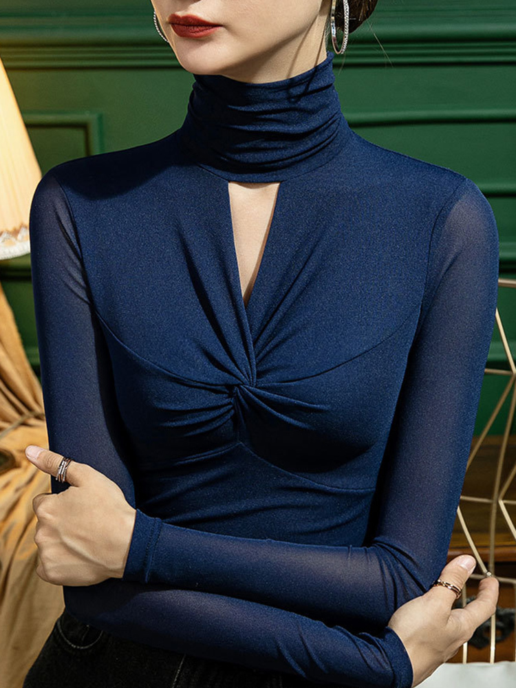 Autumn High Collar Mesh Bottomed Shirt Female Slim Fit with Hollow Sexy Long Sleeve T-shirt Dance Dress Top 220328