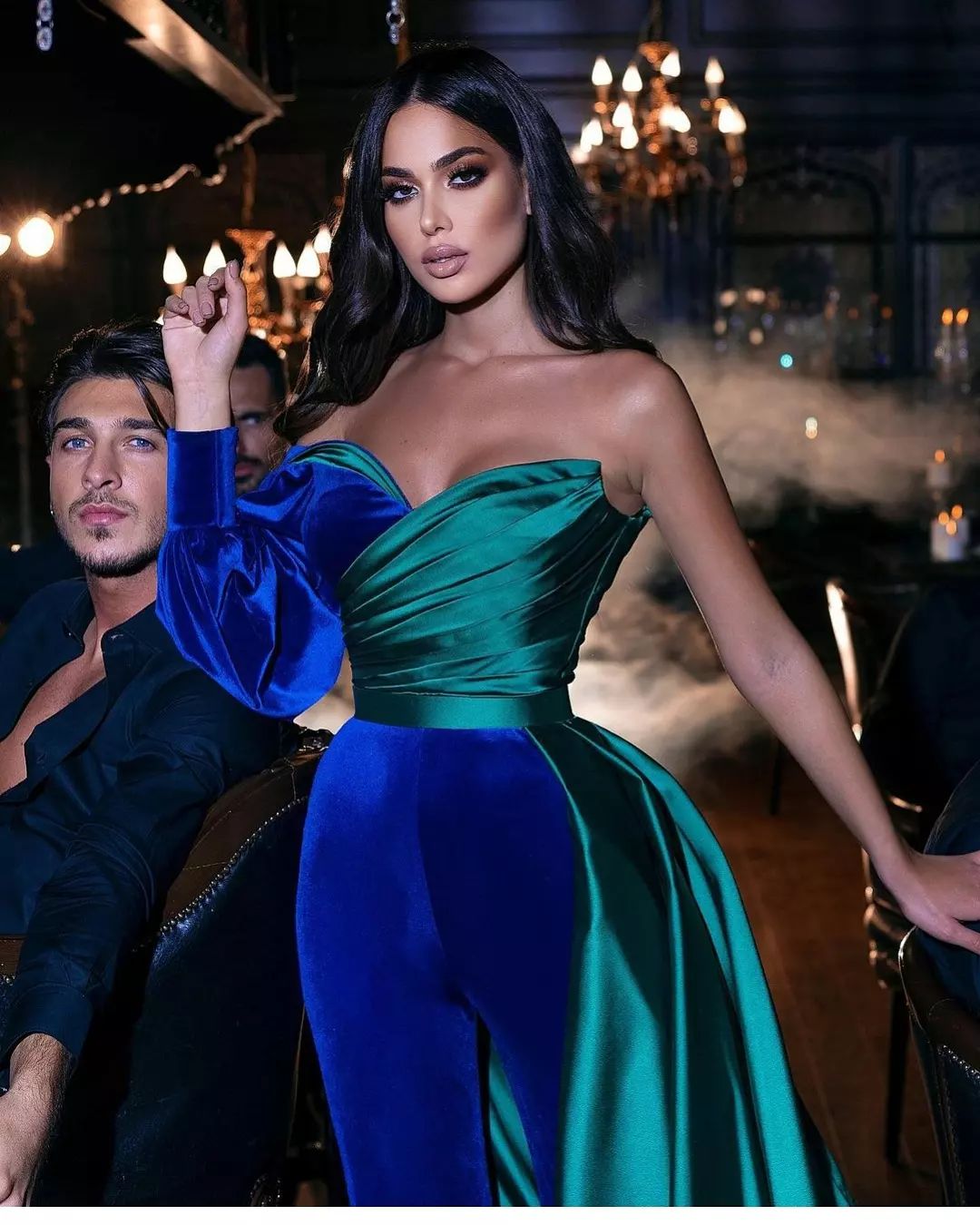 Chic Royal Blue and Green Jumpsuits Evening Dresses One Shoulder Custom Occasion Prom Dresses Celebrity Party Gowns For Women Velvet Satin Robes de so