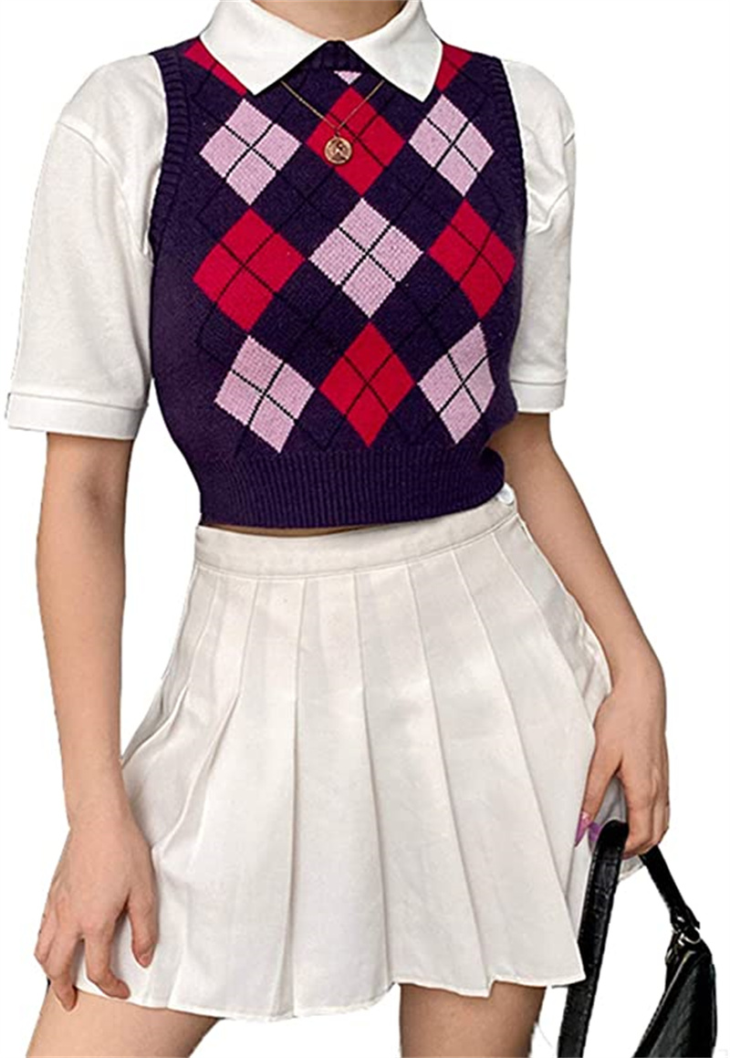 Women' Tops & Tees Argyle sweater plaid knit Street Wear Collegiate v-neck crop knit vest for girls, Photo show
Women' Tops & Tees Argyle sweater plaid knit Street Wear Collegiate v-neck crop knit vest for girls, Photo show