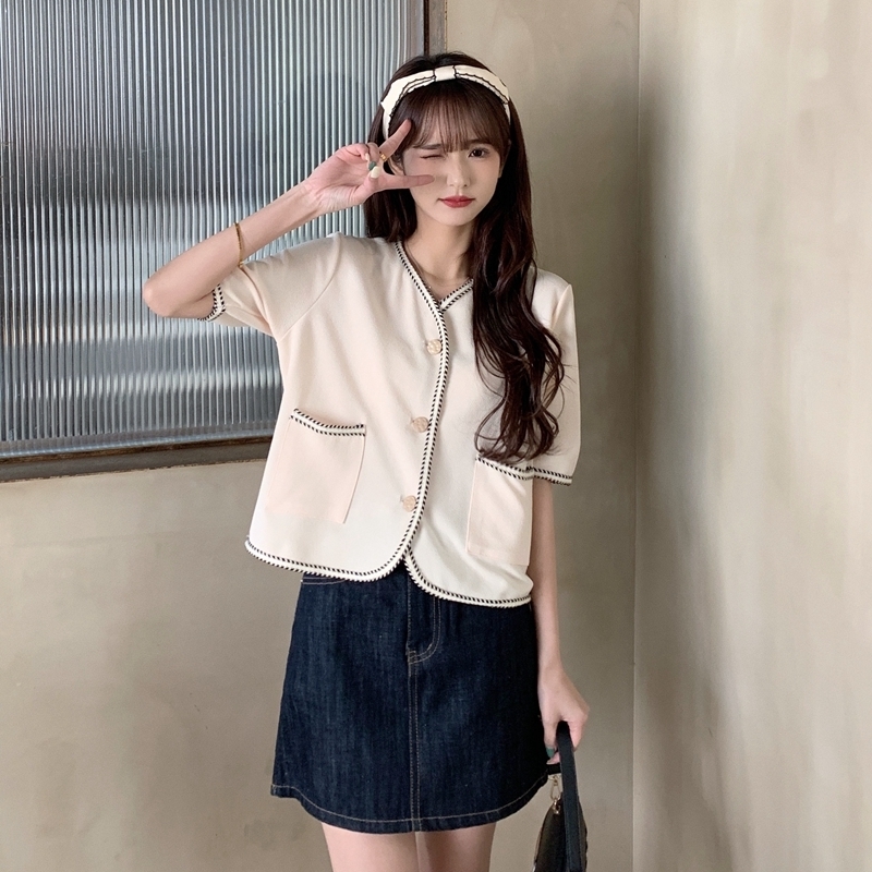 Summer Shortsleeved Small Fragrant T Jacket Fashionable French Vneck Loose T Short Top 220611