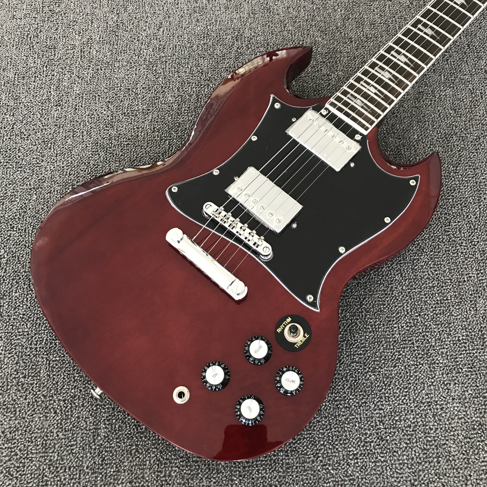 SG electric guitar, rosewood fingerboard, chrome hardware, burgundy, 2 pickups, solid mahogany body guitar, 001 
SG electric guitar, rosewood fingerboard, chrome hardware, burgundy, 2 pickups, solid mahogany body guitar, 001