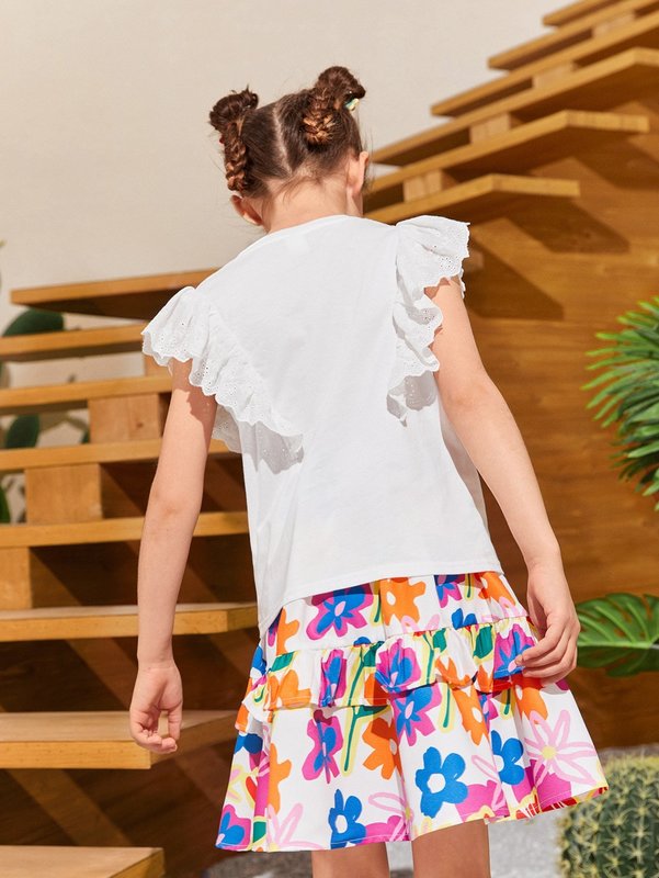 Girls Ruffle Trim Floral Print Top & Layered Skirt SHE