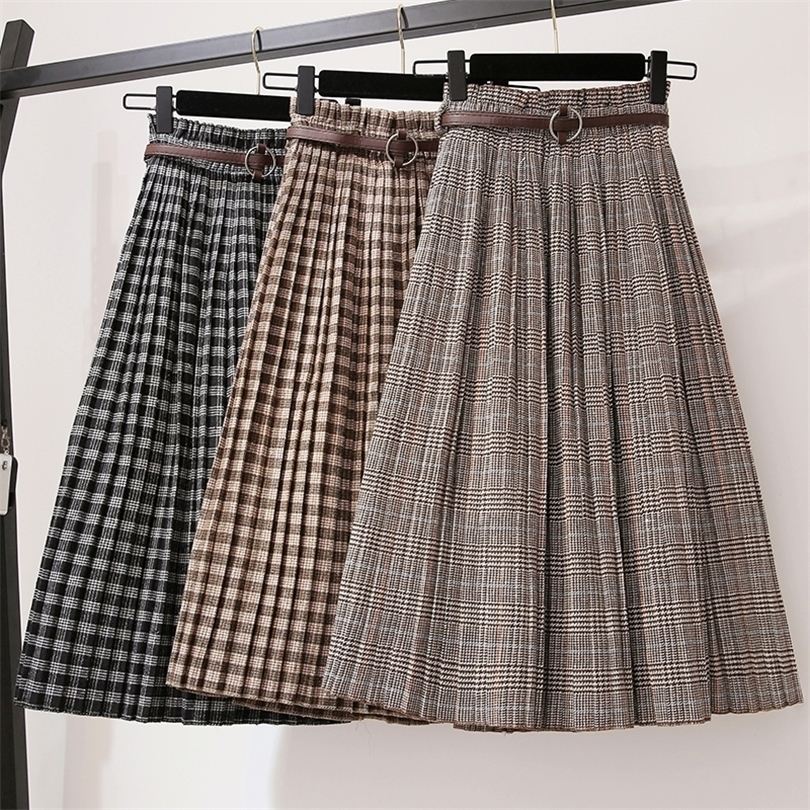 Plus Size 3XL Spring Autumn Women Wool Skirts Plaid Mid Skirts Casual Loose Ladies Office Skirts Elastic Waist Sashes S39 T200324