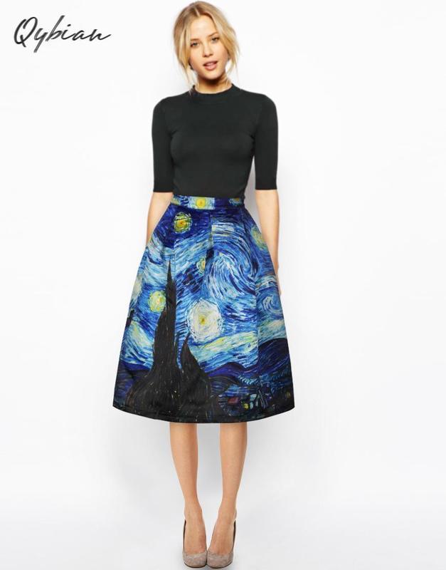 Qybian Faldas Vintage Van Gogh Print Ladies Skirts High Waist Womens Christmas Plus Size 220317