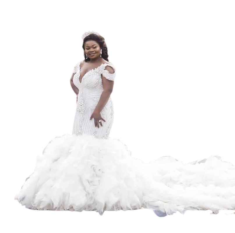 Plus Size Luxurious Mermaid Wedding Dresses Arabic Aso Ebi Off the Shoulder african Crystal Tiers Bridal Gown Vestidos De Noiva Mariage