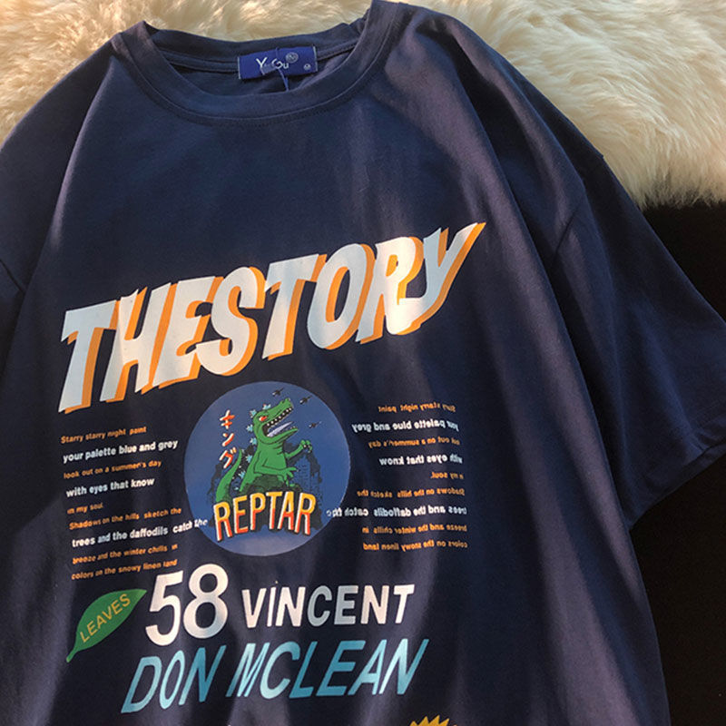 10JQK-American retro trend oversized Harajuku round neck T-shirt women dinosaur pure cotton loose wild short-sleeved men 220321