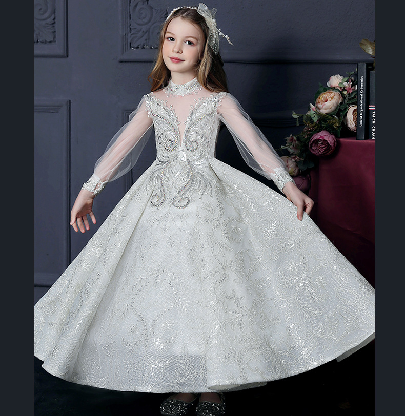 Adorable White Ball Gown Flower Girl Dresses Princess Sheer Lace Long Sleeves Appliques Jewel Neck Toddler Birthday Party Gowns 403