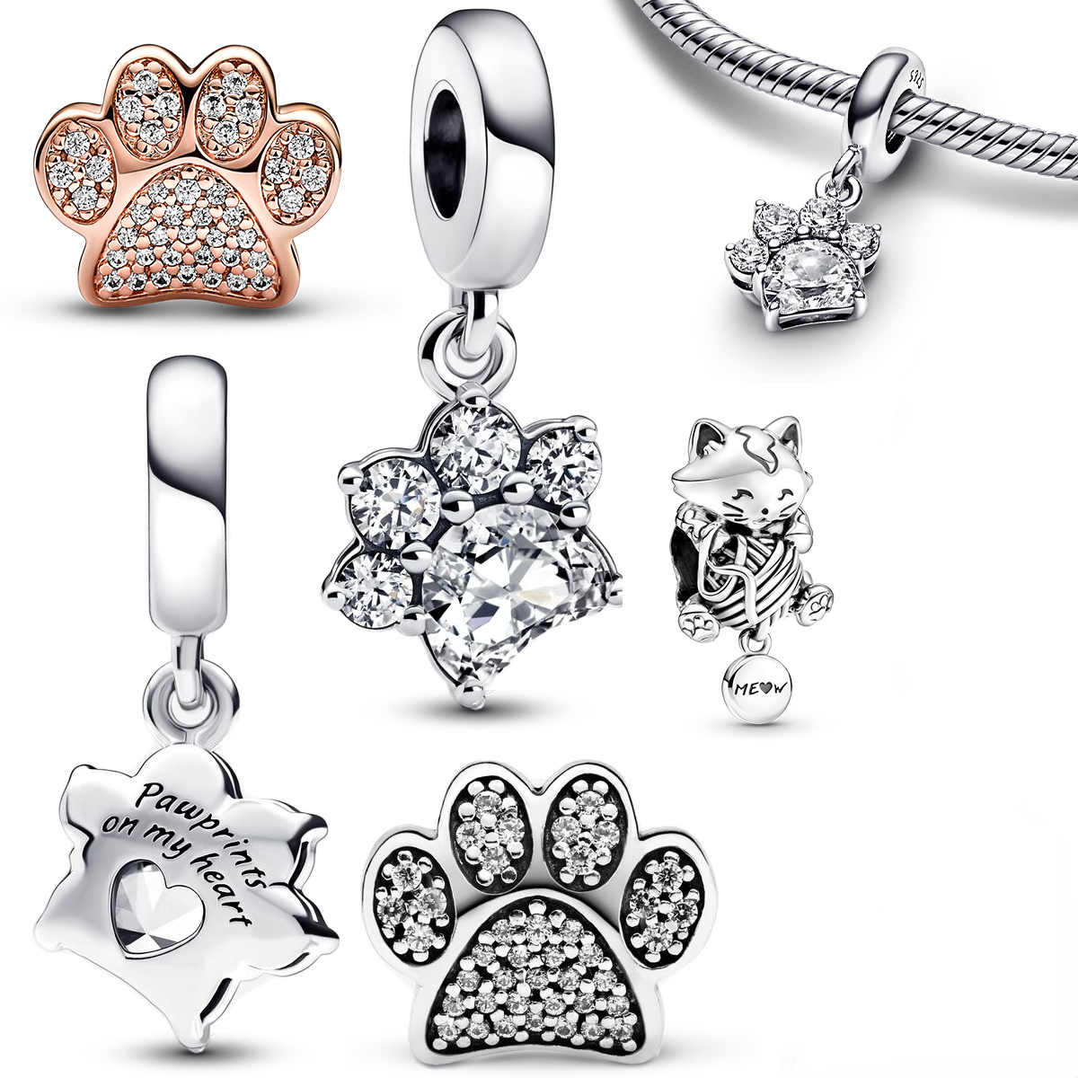 New Trendy 925 Sterling Silver Charm Gorgeous Shiny Paw Print Pendant Kitten Charm Fitted Bracelet DIY Jewelry Gift Making