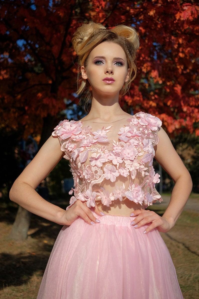 2024 Two Pieces Pink 3D Floral Appliques Prom Dresses Illusion Top Scoop Neck Long Tulle Skirt Girls Birthday Special Occasion Party Evening Gowns
