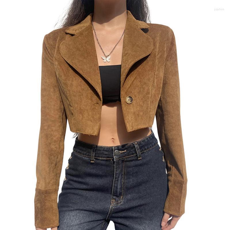 

Women's Suits & Blazers 2022 Women Short Corduroy Jacket Adults Solid Color Tailored Collar Long Sleeve Button Cardigan For Autumn Spring, Brown