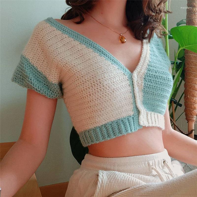 Women' Knits & Tees Sweet Patchwork Short Sleeve Cropped Cardigan Knitted Sweaters Women Sexy V Neck Knitwear Y2k Clothes Crop Knit Tops 20, Green 
Women' Knits & Tees Sweet Patchwork Short Sleeve Cropped Cardigan Knitted Sweaters Women Sexy V Neck Knitwear Y2k Clothes Crop Knit Tops 20, Green