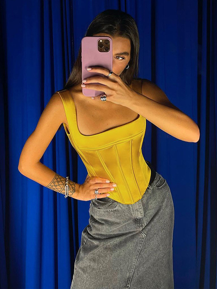 Corset Top Satin Y2K Tank Square Collar Crop Summer Sleeveless Backless Camis Club Sexy Outfits Streetwear Clothes 220325