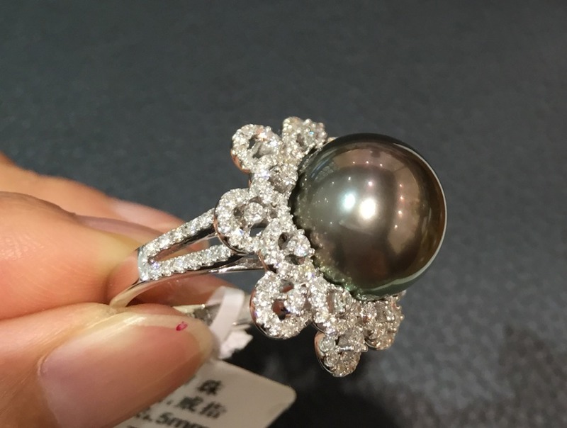 13-14MM Natural black pearl ring 18K whtie gold with diamond tahiti pearl flower big pearl ring fine women jewelry
