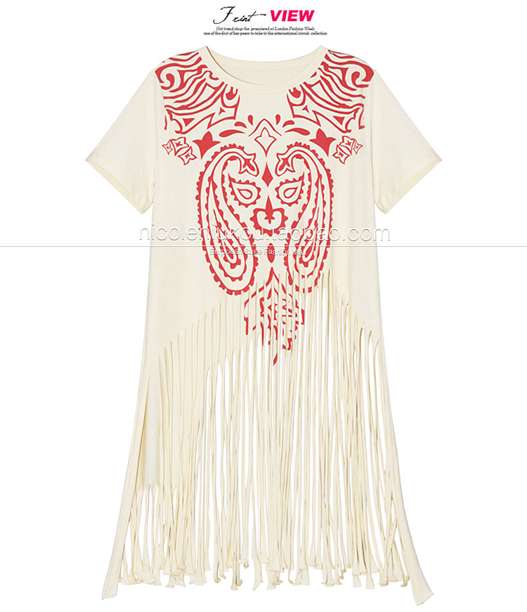 New fashion womens o-neck short sleeve geometric print medium long tassel fringe t-shirts plus size tees SML