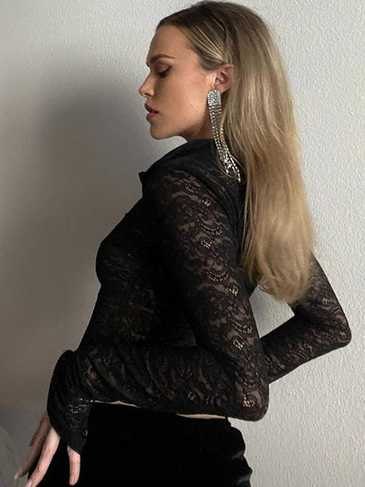 Lace Shirt Women Long Sleeve Crop Top Fall Spring Solid Mesh Top See Through Sexy Streetwear Black Slim Button Up Blouses 220516