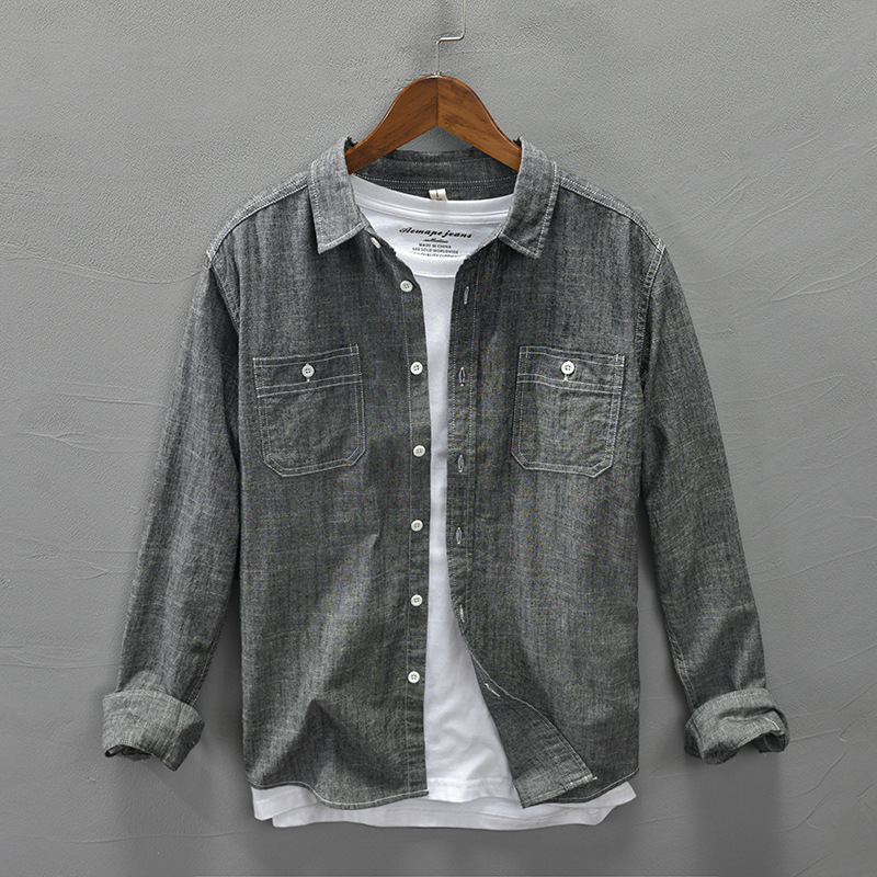 Autumn Work Style Men's Casual Cotton Long Sleeve Shirt Single-breasted Multi-pocket Retro Denim Blue Workwear GML04-C321 220322