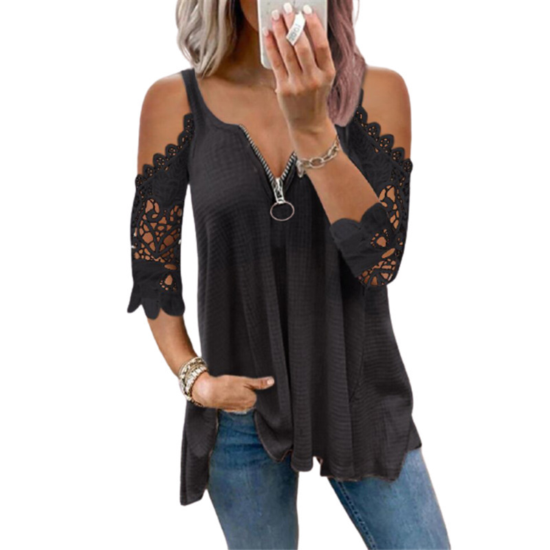 Summer Fashion Solid Color Casual Top Women's Sexy Low-Cut V-Neck Zipper Stitching Lace Mid-Sleeve Plus Size T-Shirt Women 220411