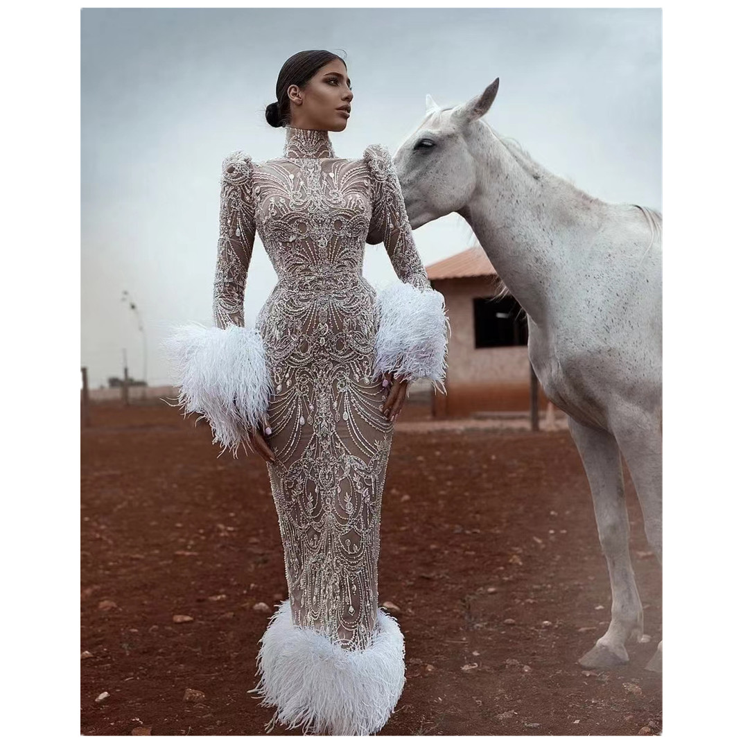 New Arrival Lace Appliques Mermaid Wedding Dress Sequins Beads Ostrich feather Long Sleeves or Length High Neck Sexy Slim Stylish Custom Made Bridal R