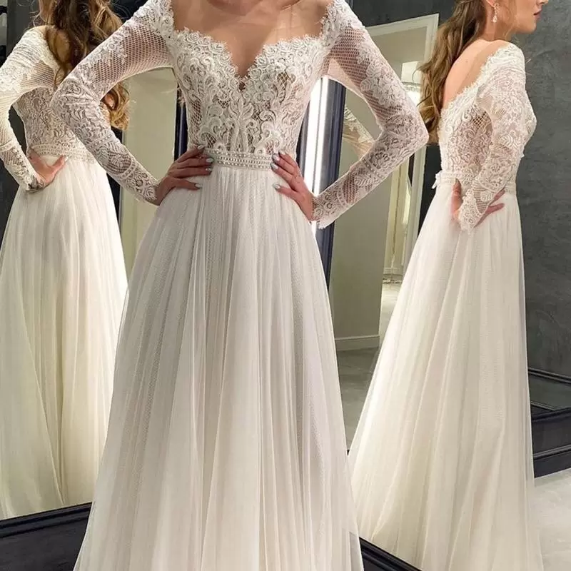 Boho Wedding Gorgeous Dresses Bridal Gown with Long Sleeves Lace Applique Floor Length Tulle Custom Made Beach Vestido De Novia