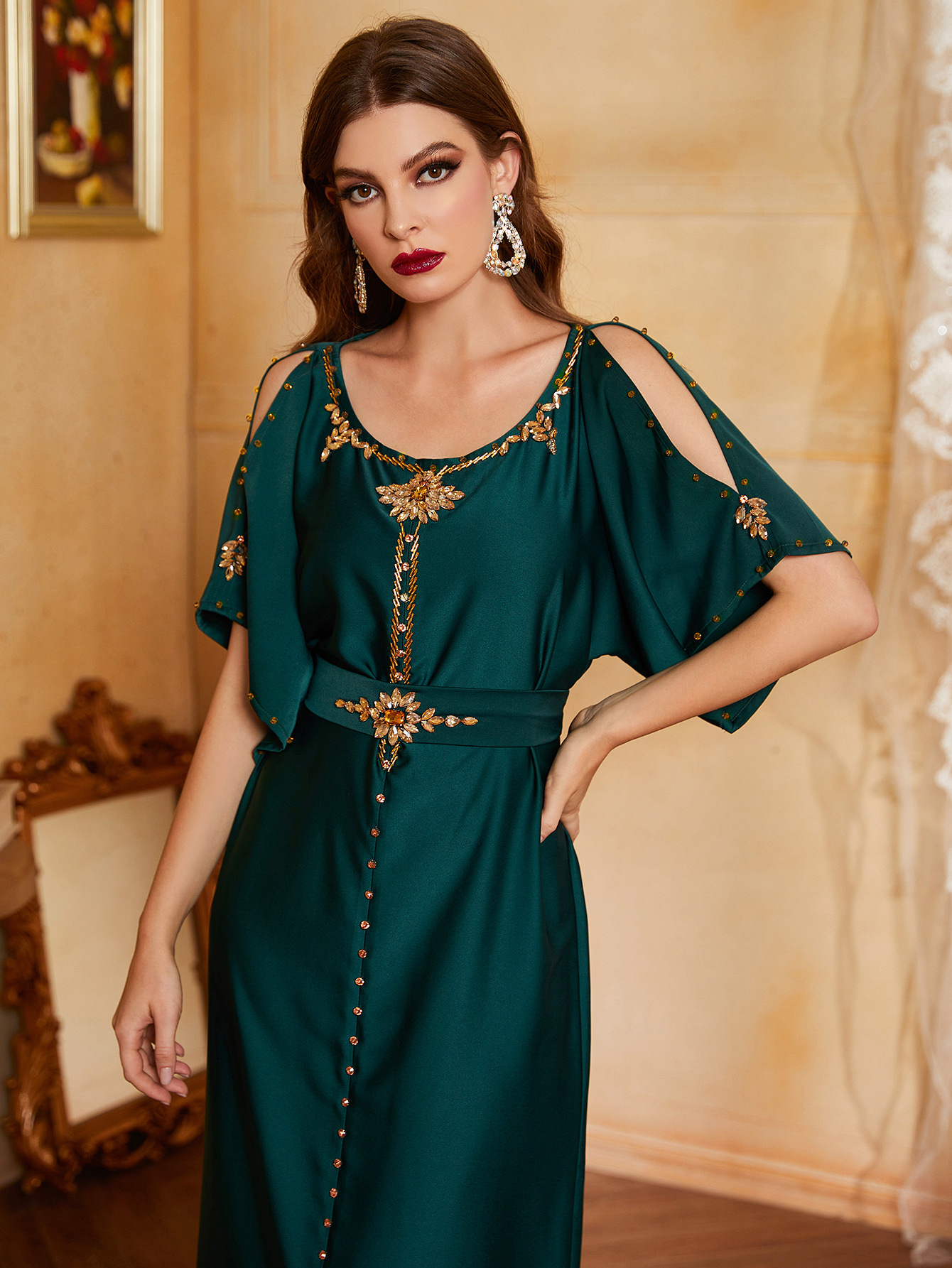 Sexy Green Teal Blue Arabci Evening Dress 2022 With Crystal Off The Shoulder Short Sleeve Kaftan Prom Dresses Abaya Morrocan Formal Dinner Party Wear 
