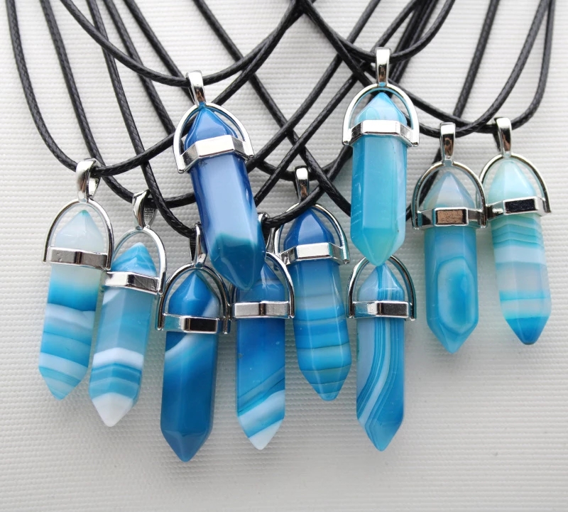 Natural Stone hexagonal prism Shape Pendant necklaces Reiki Healing Crystal stripe Agate Charms Necklace For Women Jewelry