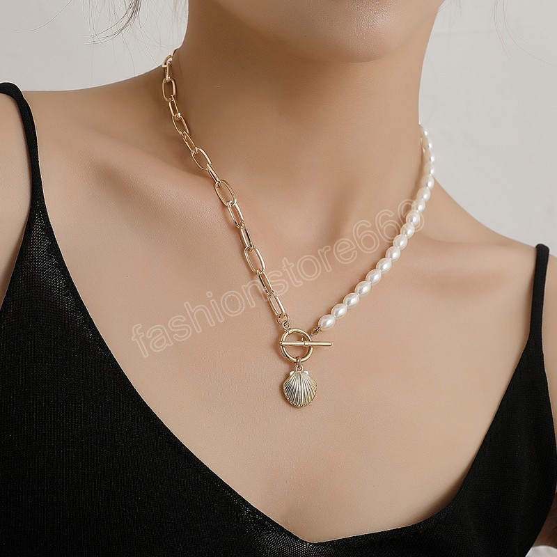 Simple Shell Pendant Necklace Casual Metal Gold Color Link Chain Simulated Pearl Beads Necklaces Women Jewelry
