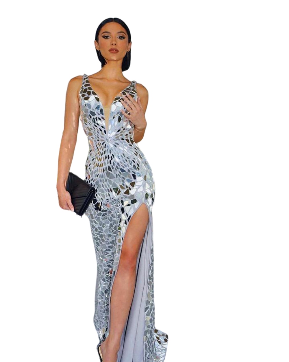 Deep-V-neck Formal Evening Dresses Sexy Long Mirror Stone Sequins Prom Dress High Split Mermaid prom Reception Gowns