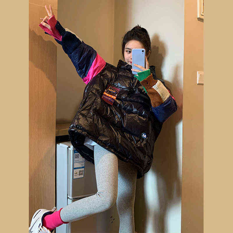 Qingwen Women Winter Thick Fashion Patchwork Hooded Sweater Casual Down Jacket Female 2022 Loose Warm Overcoat Down Jacket Parka L220725
