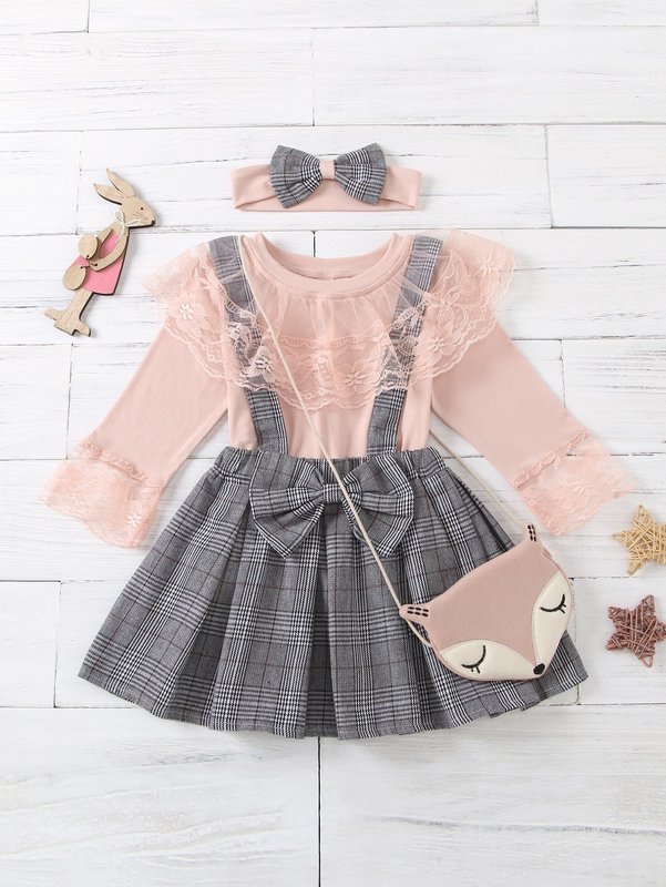 Toddler Girls Lace Panel Tee & Plaid Skirt & Headband SHE