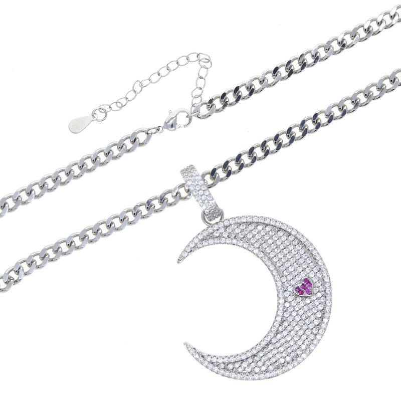 Men Women Hip Hop Moon Pendant 4.5mm Cuban Link Chain Iced Out Bling 5A CZ Paved Necklaces Fashion Lovely Heart Charm Jewelry