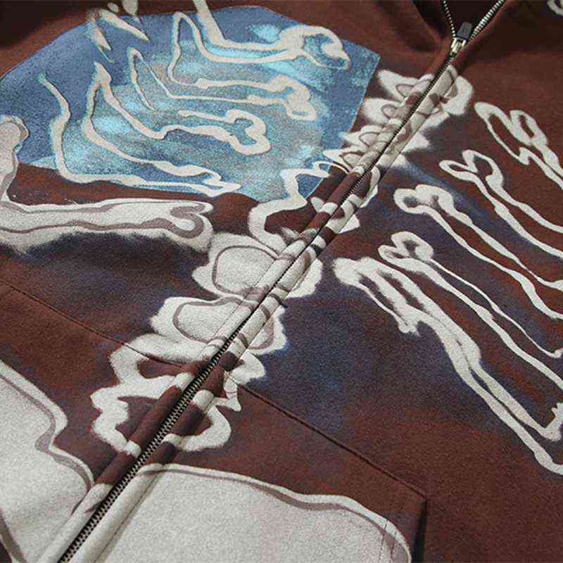2021 Winter Skeleton Print Fleece Brown Zip Up Hoodie Men Hip Hop Pullover Cotton Punk Zipper Hooded Sweatshirt Sudaderas Hombre G220607