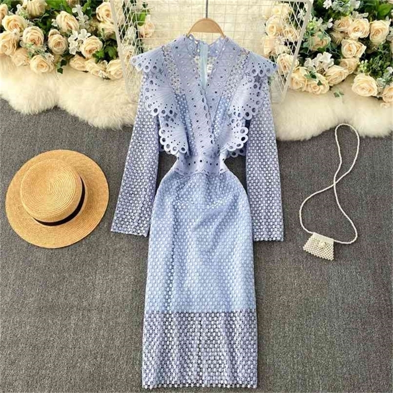 Temperament Fashion Retro Hollow Out Lace Dress Female V-neck Ruffled Slim Mid-length OL Work Wear Women Vestidos 210602, Black
Temperament Fashion Retro Hollow Out Lace Dress Female V-neck Ruffled Slim Mid-length OL Work Wear Women Vestidos 210602, Black