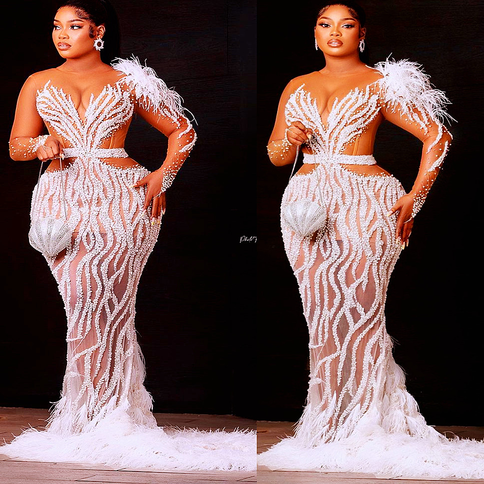 2022 Plus Size Arabic Aso Ebi Mermaid Luxurious Sexy Wedding Dress Sequined Lace Feather Bridal Gowns Dresses ZJ330