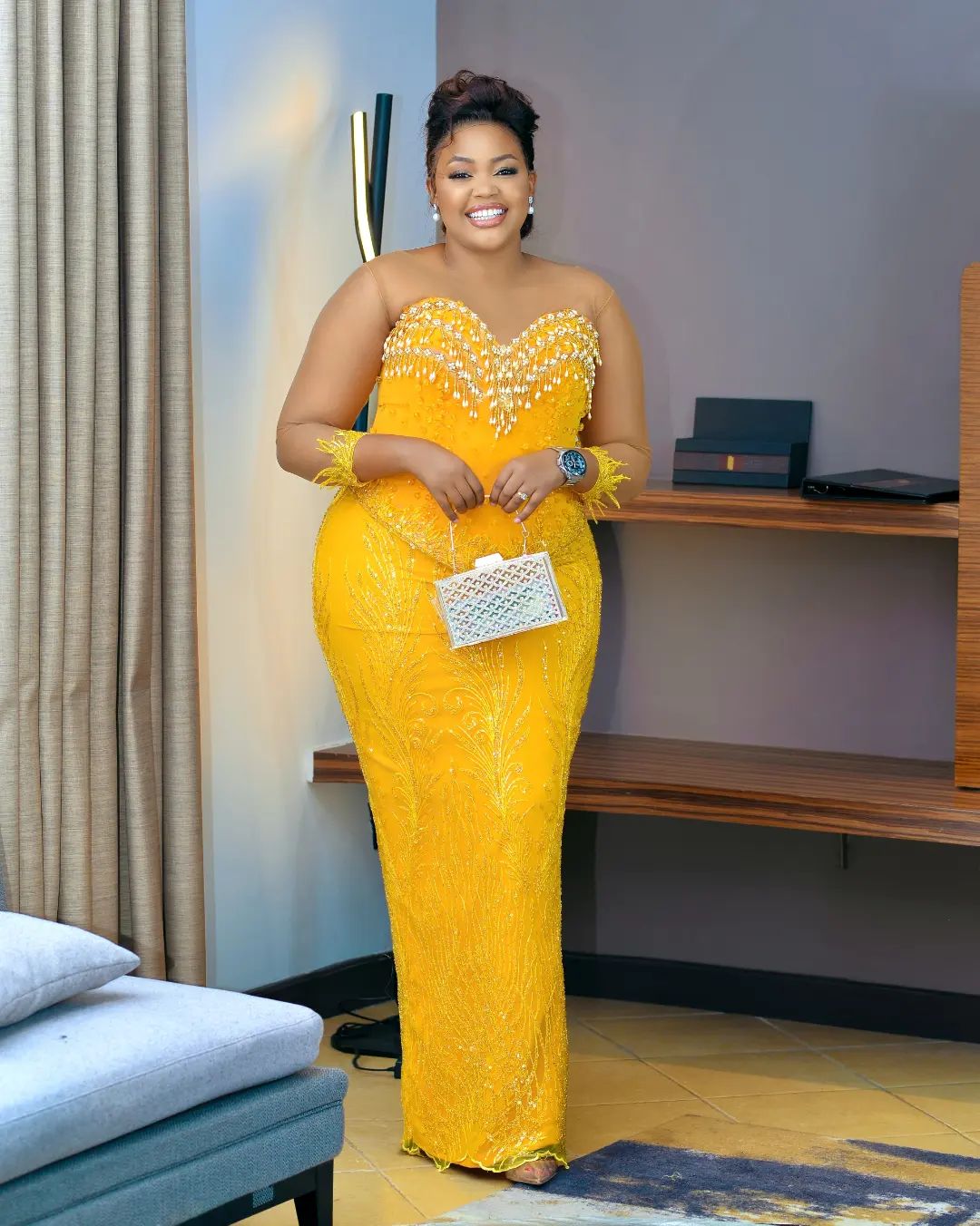 plus size arabic aso ebi yellow luxurious sparkly prom dresses beaded crystals evening formal party second reception birthday engagement gowns dress z