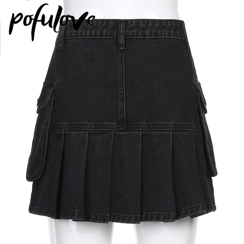 Jeans Mini Skirt Goth Denim Pleated Skirts with Big Pockets Women Girl Summer Punk Y2K Black Faldas High Waist Korean Fashion 220317