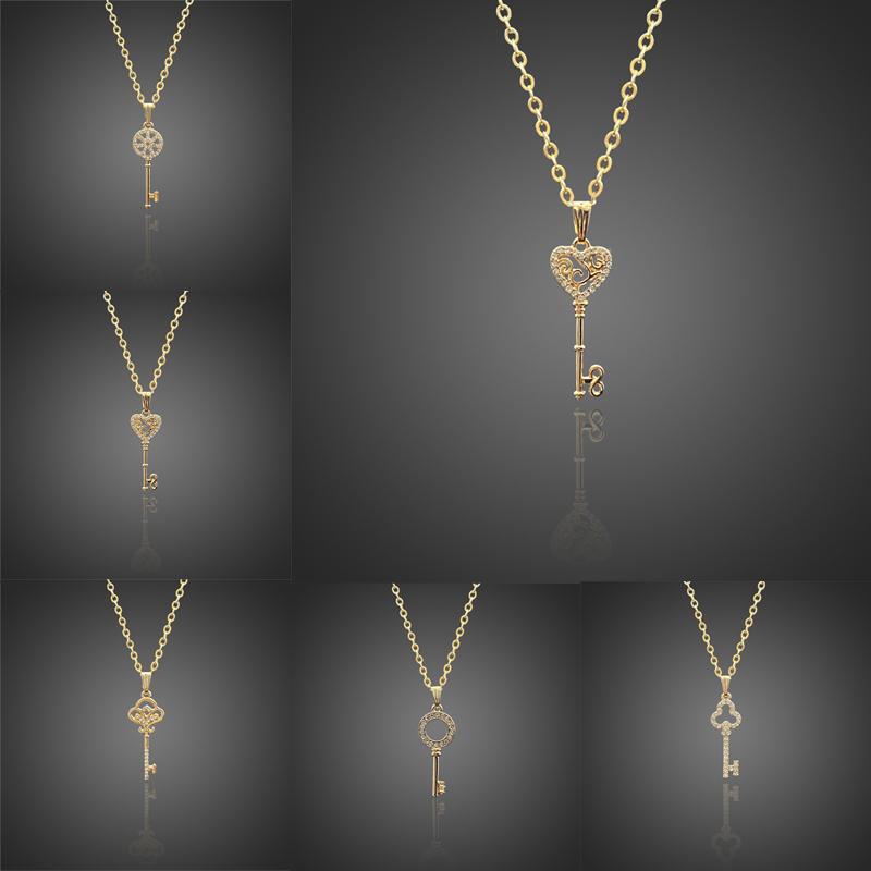 Pendant Necklaces Sweet Micro Pave Crystal Key Necklace For Women Wedding Jewelry Rose Gold Silver Color Gift WeddingPendant