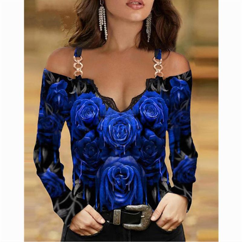 SNAKE YX Woman Tshirts Metal Shoulder Strap Long sleeved Lace Rose Print Oversized Sexy Tops Plus Fashion 220714