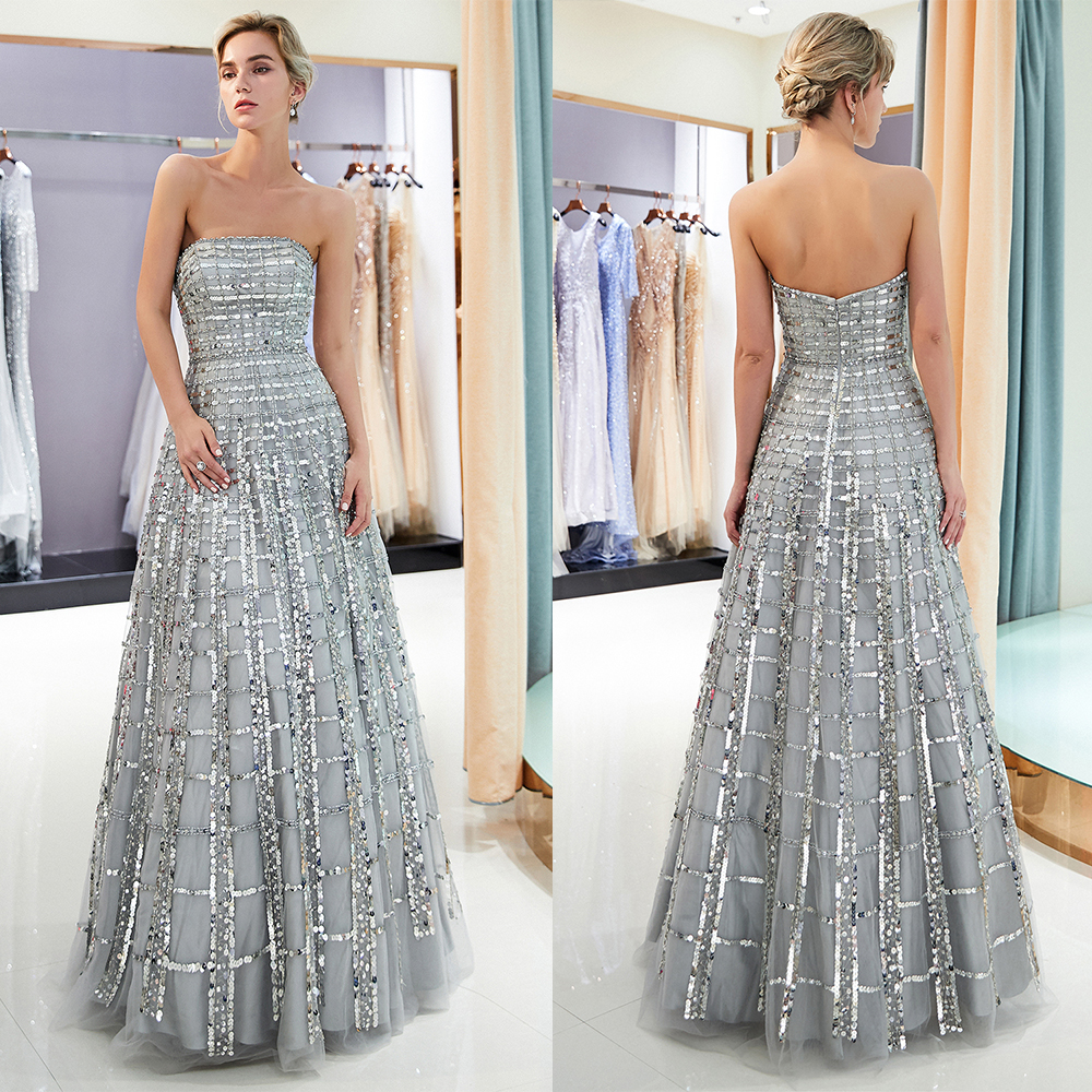 Silver A-line Prom Dresses Bateau Neck Sequins Beads Sleeveless Strapless Glitter Elegant High Waist Shiny Floor Length Evening Formal Dresses Girls G
