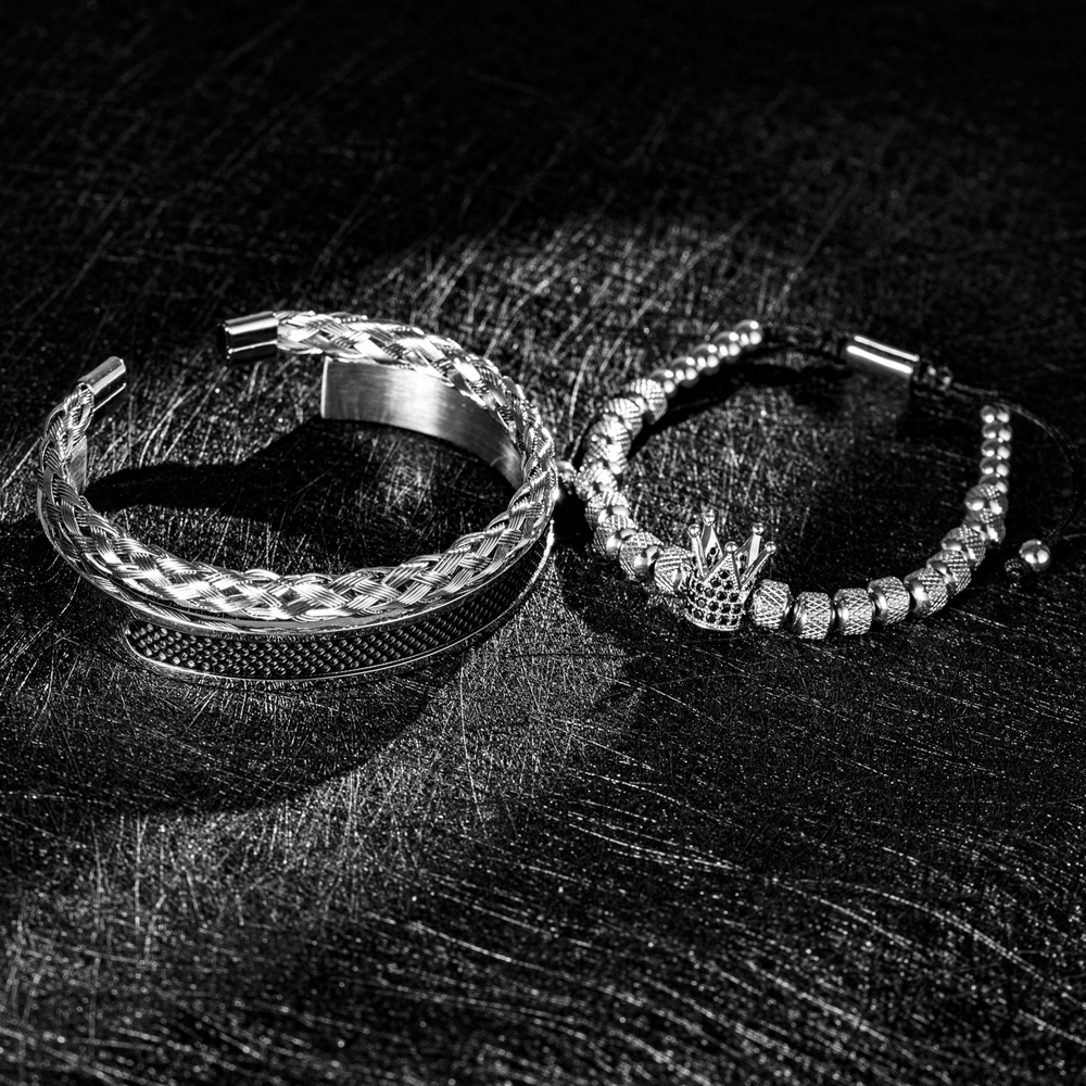 Luxury Set Handmade Men Crown Bracelets Contrast Colour Bangles Hemp Rope Buckle Open Stainless Steel Micro Pave CZ Jewelry
