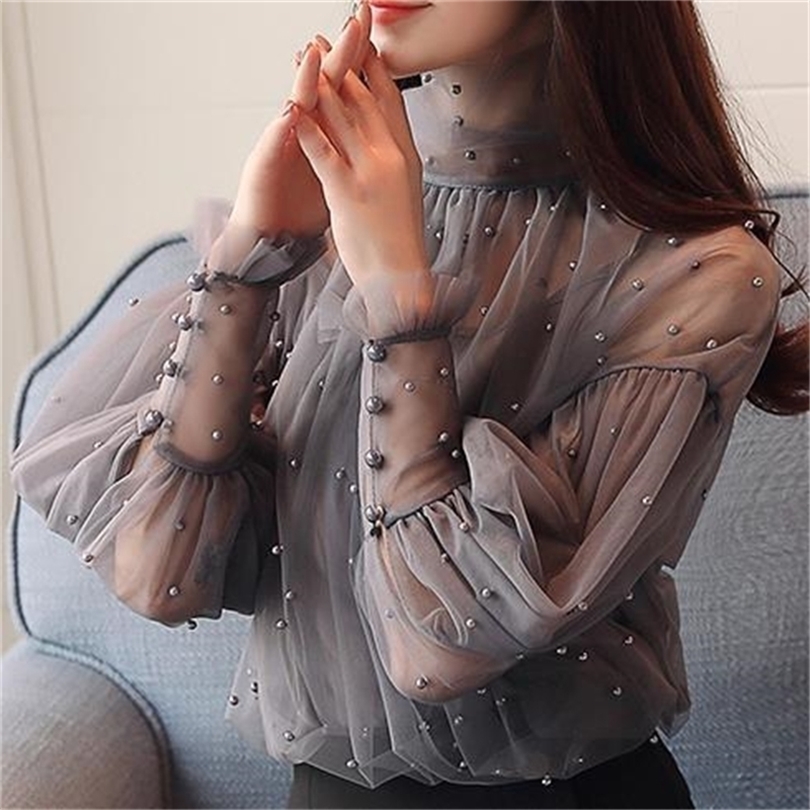 Plus Size 2XL Women Top lantern Sleeve Autumn Spring Blouse Beading Elegant Blouse Chiffon Pearl Shirt T200322