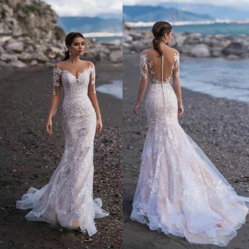 2022 Beach Lace Long Sleeves Mermaid Wedding Dresses Appliqued Sweep Train Plus Size Wedding Dress Bridal Gowns vestido de novia Brautkleider