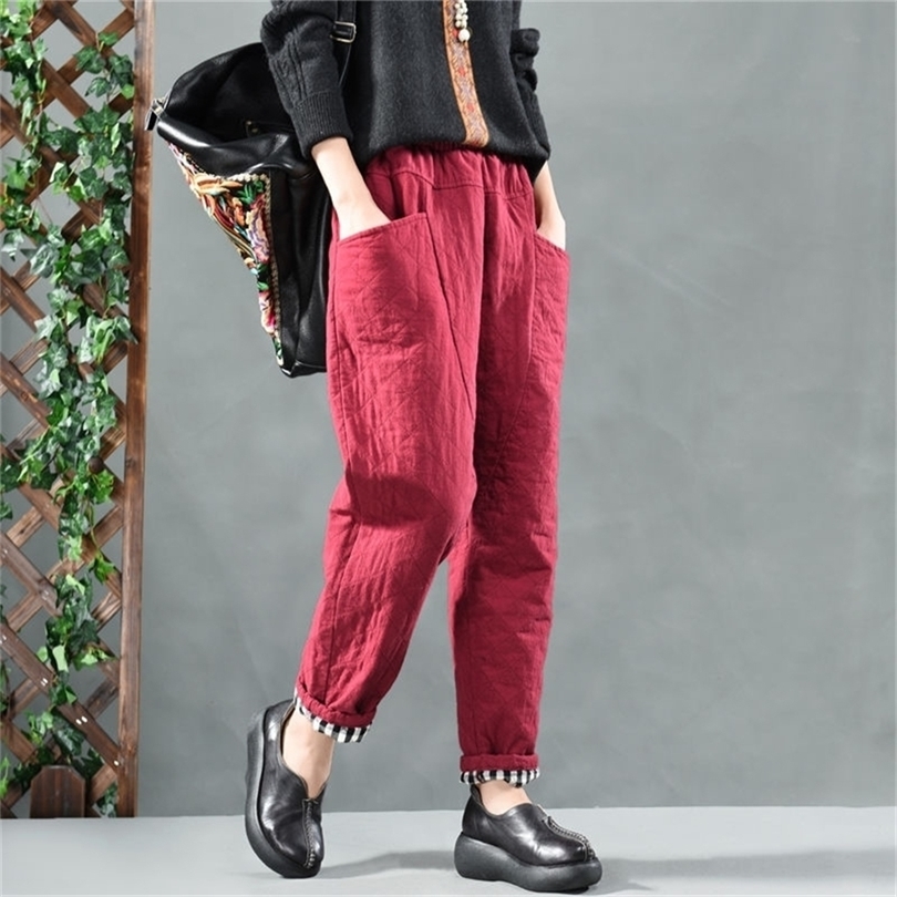 Autumn Winter New Arts Style Women Elastic Waist Loose Cotton Linen Harem Pants quilted Cotton Big pocket Vintage Pants S404 201012