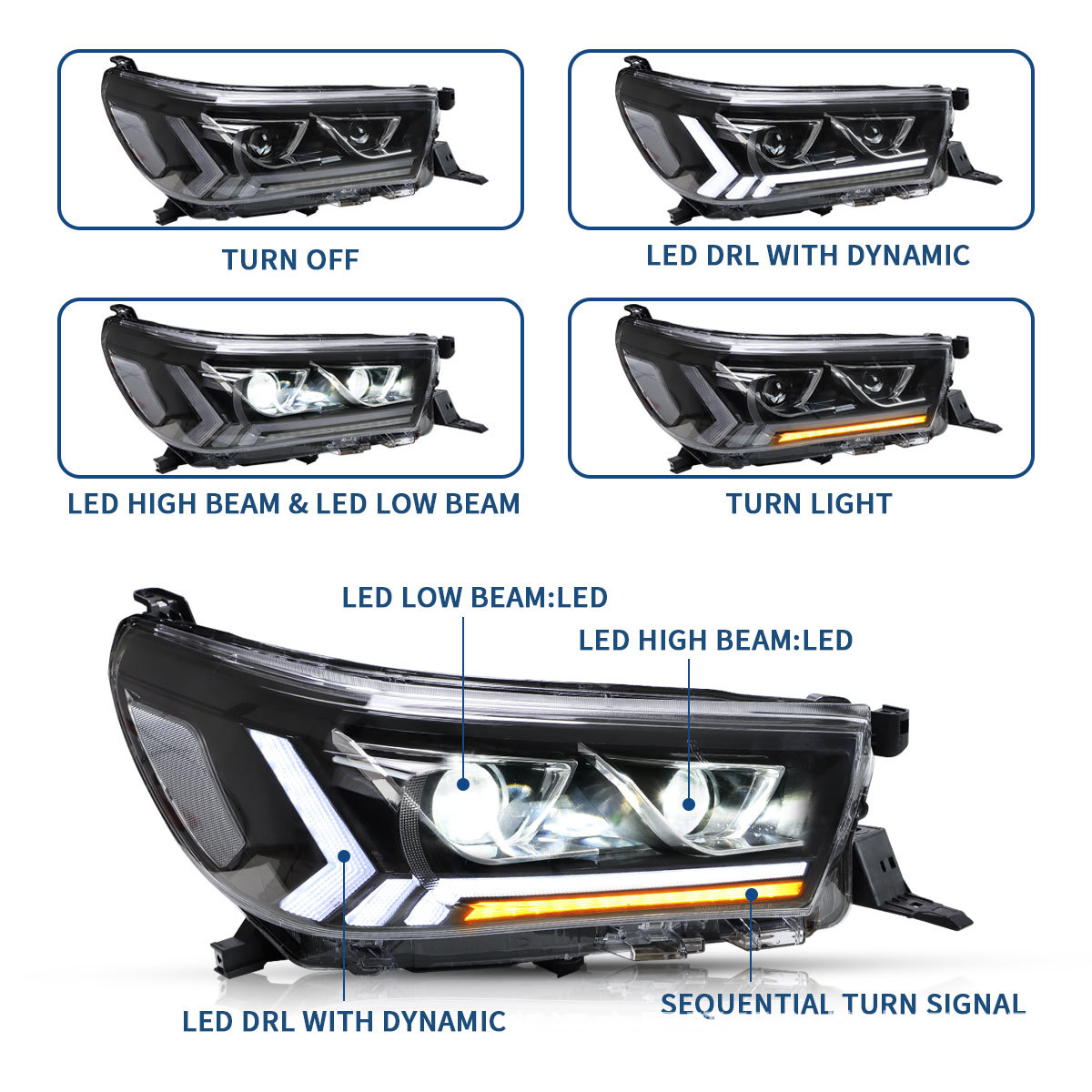Car Tuning LED Headlights For Toyota Hilux 20 15-19 Dual Beam Lens Head Light LED Daytime Running Headlight Assembly
