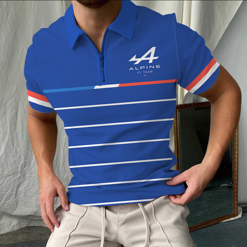 Zipper Polo Shirt Formula One Alpine Team Alonso Blue Black POLO Casual Short Sleeve Racing Fans Summer Tops 220606
