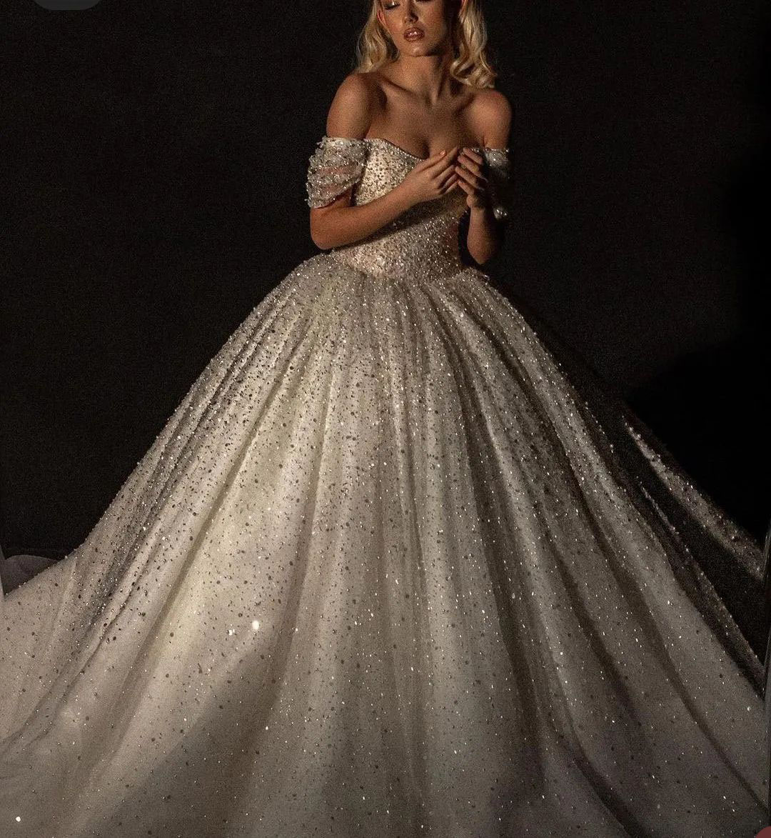 urious Ball Dresses Sweetheart Off Shoulder Strapless Cap Sleeve Crystal Beaded Sequins Lace Sweep Train Bridal Gowns Custom Made Wedding Gown