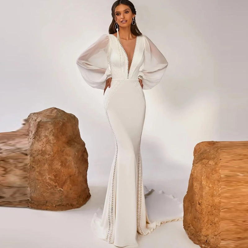 Elegant Deep V-Neck Mermaid Wedding Dress 2025 Sexy Long Chiffon Sleeves Wedding Gown With Train Backless Vestido De Noiva