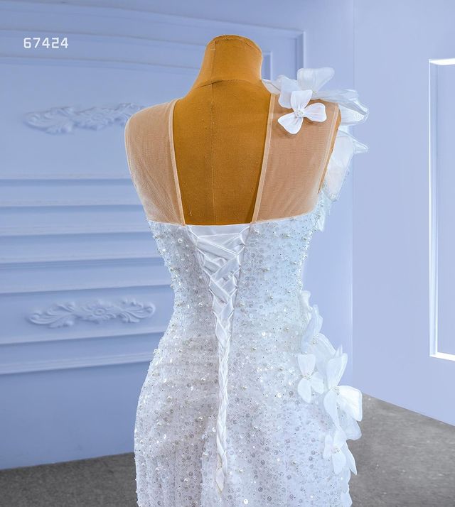 Mermaid Wedding Dress sheer neck lace-up corset Crystal Long Sequined Beaded Bridal Gowns Flower Appliqued Robe de mariee