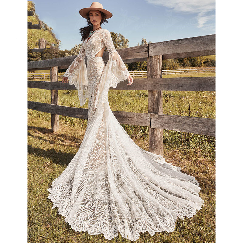 Mermaid Boho Bohemian Wedding Dresses Beach Lace Long Flare Sleeve Split Middle Open Back country hippie fishtail Bridal Gowns